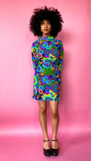 1970s Vibrant Floral Dress, sz. M/L