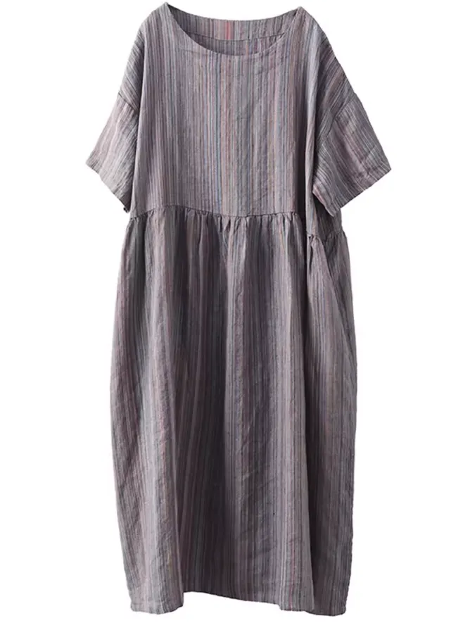 Babakud Women Summer Artistic Linen Hemp Striped Dress