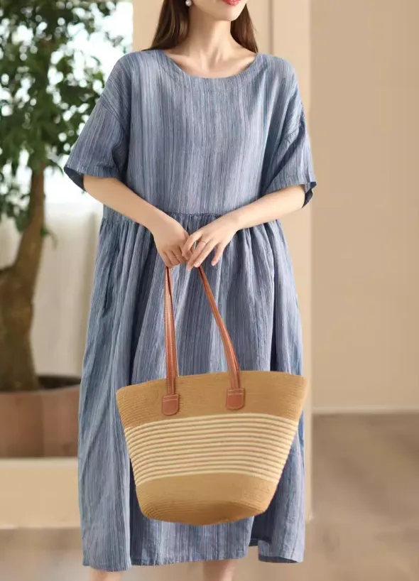 Babakud Women Summer Artistic Linen Hemp Striped Dress