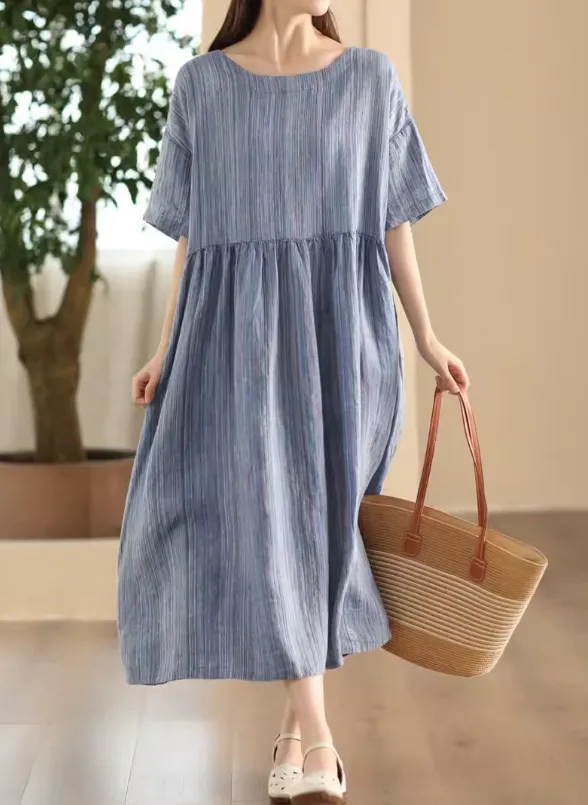 Babakud Women Summer Artistic Linen Hemp Striped Dress