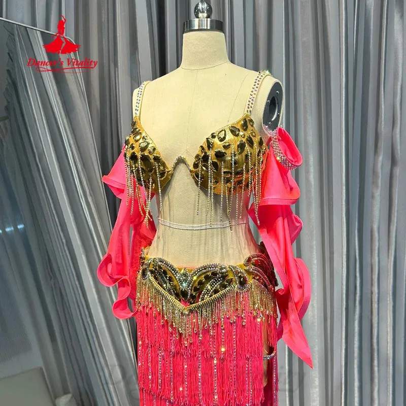 BellyDance Clothing Women Customized Luxury AB Stones Bra Sexy Split Fringe Skirt 2pcs Oriental Belly Dancing Performance Outfit