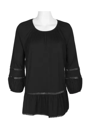 Cupio Solid Black Top with Embroidered Trim