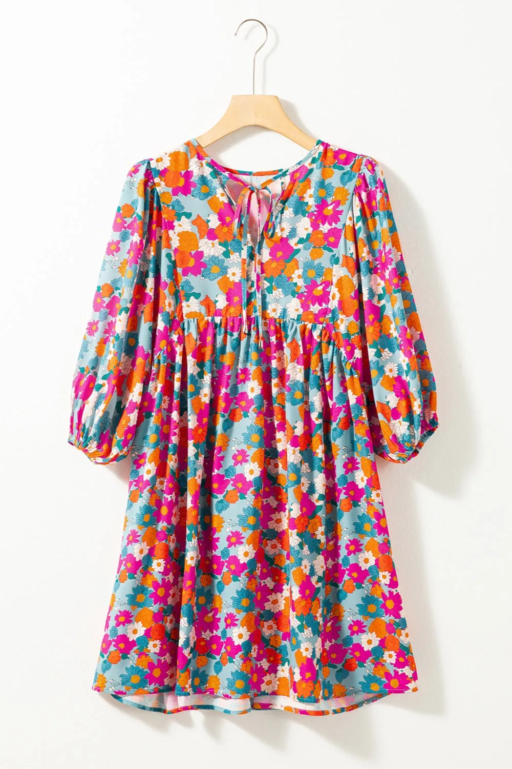 Floral Tie Neck Puff Sleeve Mini Dress