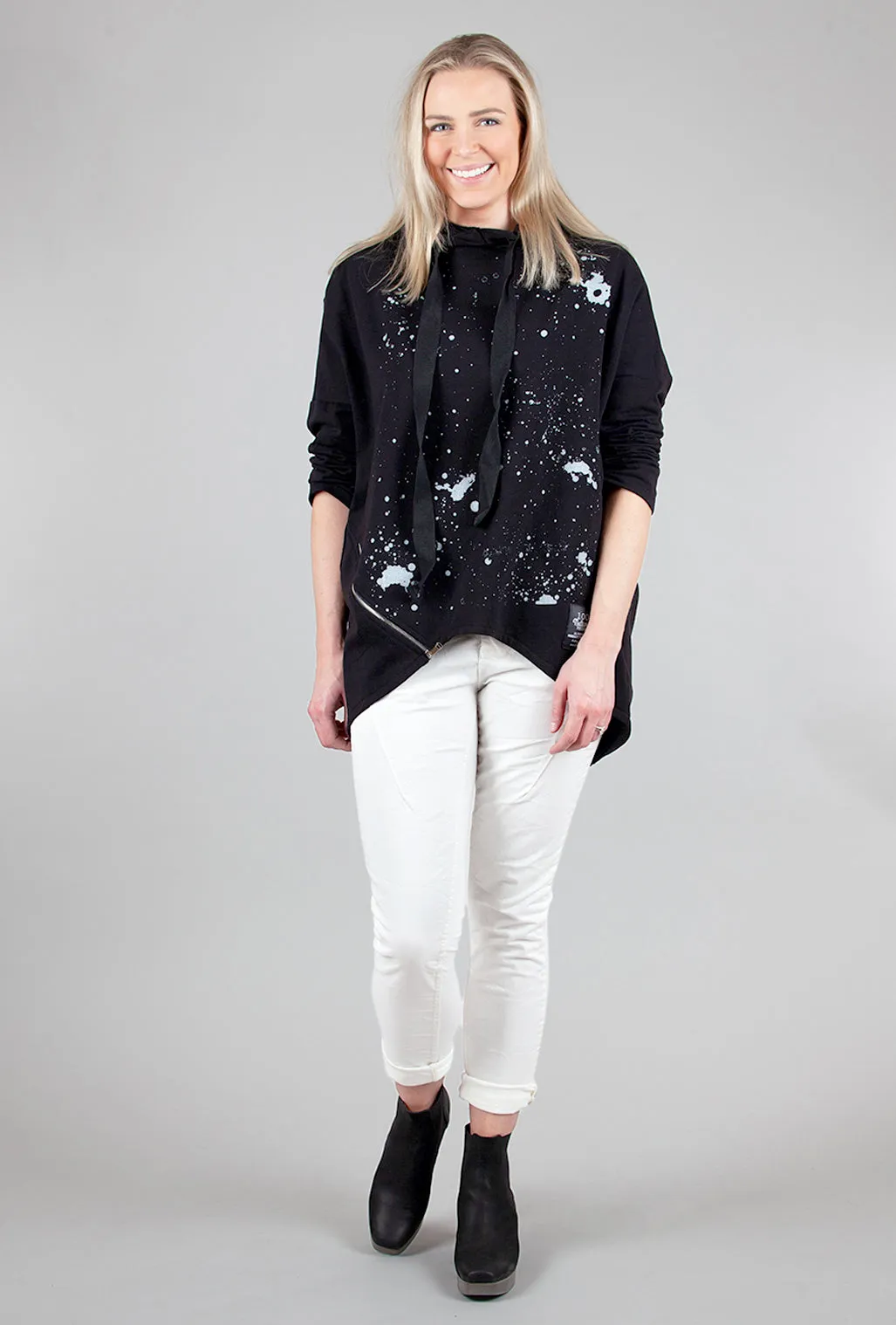 High-Low Splatter Hoodie, Black