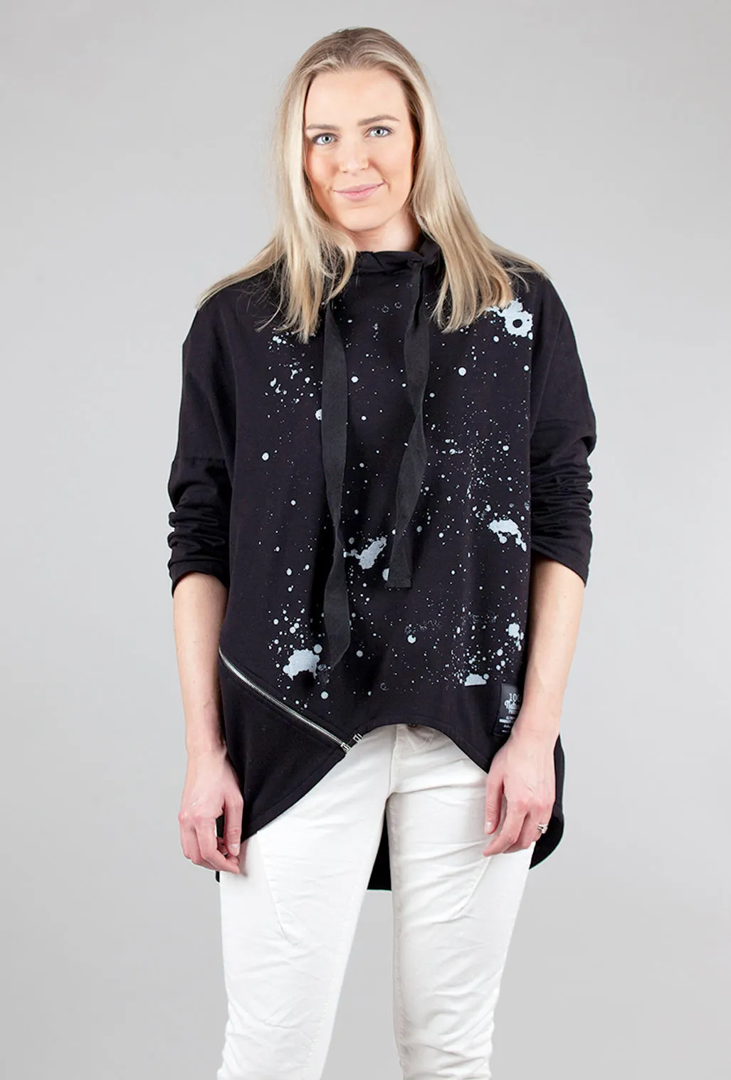 High-Low Splatter Hoodie, Black