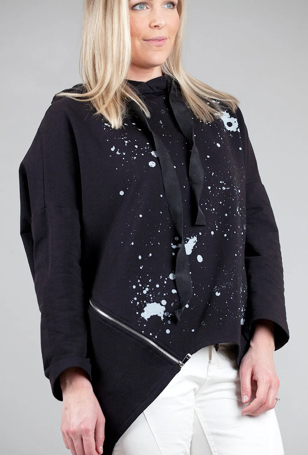 High-Low Splatter Hoodie, Black