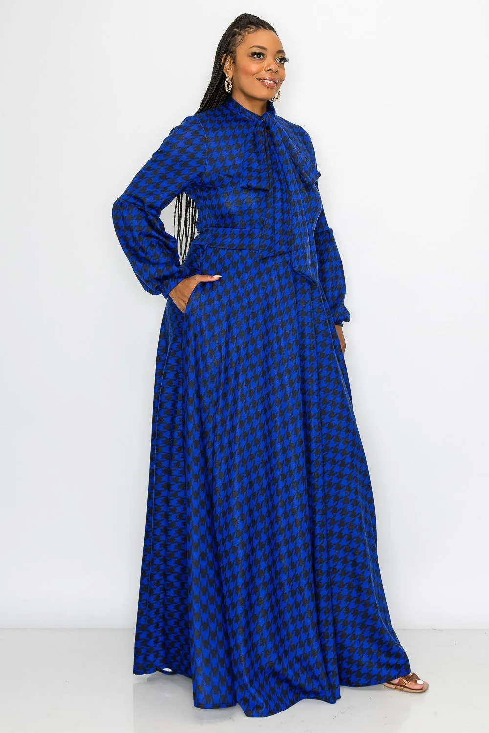 Houndstooth Bella Donna with Ribbon and Puff Sleeves