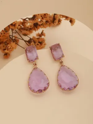 Jazz and Sizzle Gold-Plated Lavender Pink Transparent Stone Studded Contemporary Tear Drop Earrings