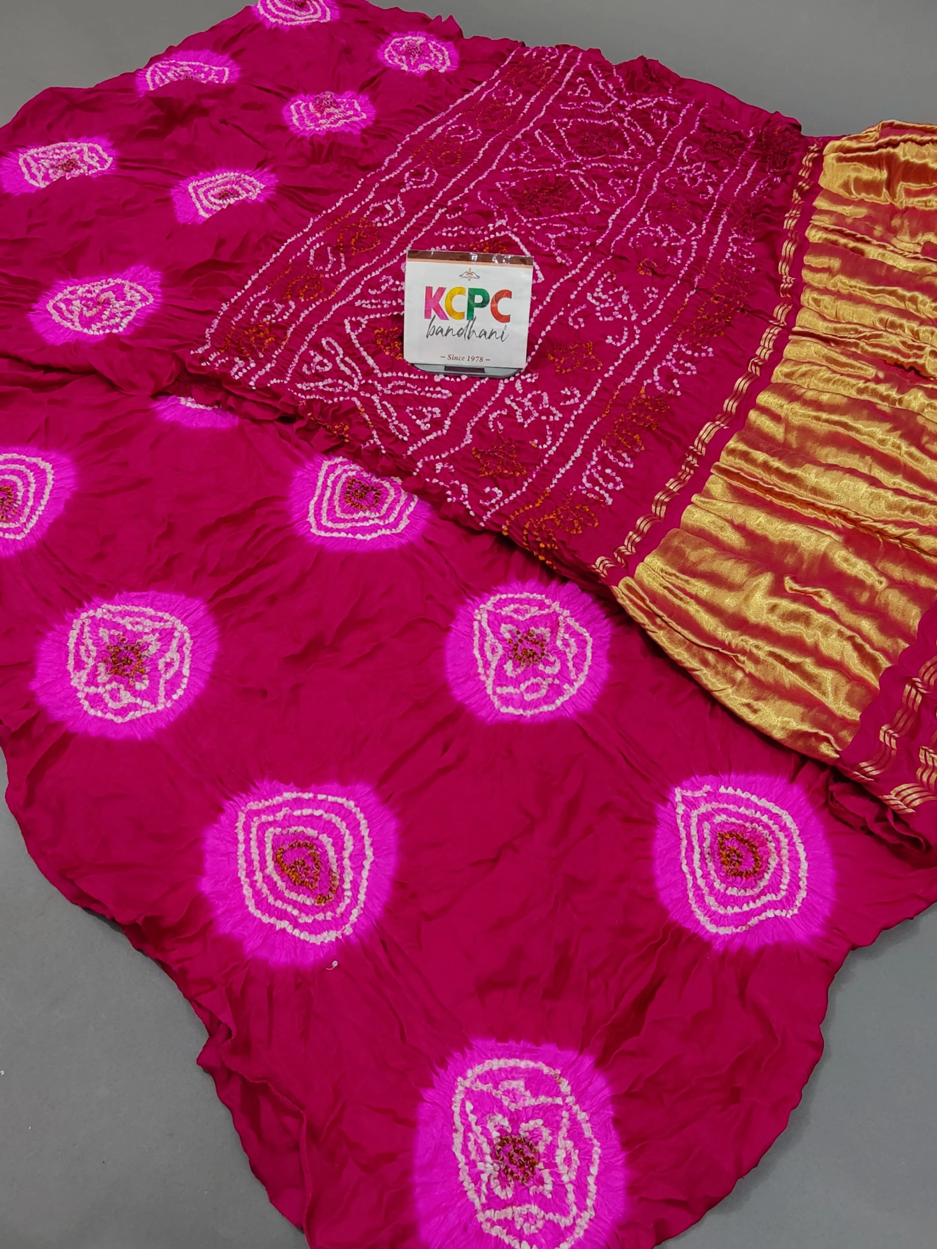 Latest Designer Pure Gaji Silk Bandhani Sarees with Lakdi Patta Zari Pallu Rani