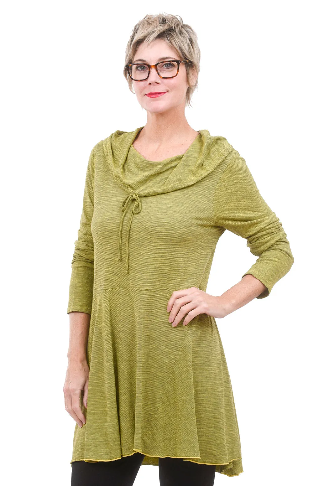 Micro-Stripe Cowl Tunic, Chartreuse