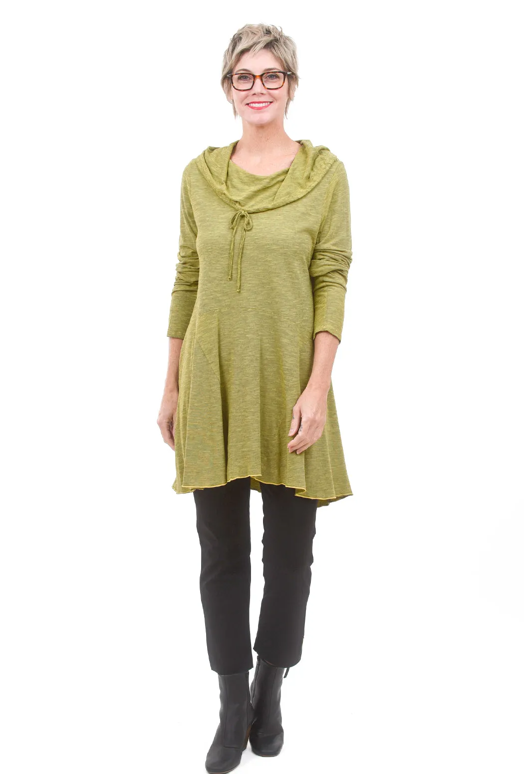 Micro-Stripe Cowl Tunic, Chartreuse