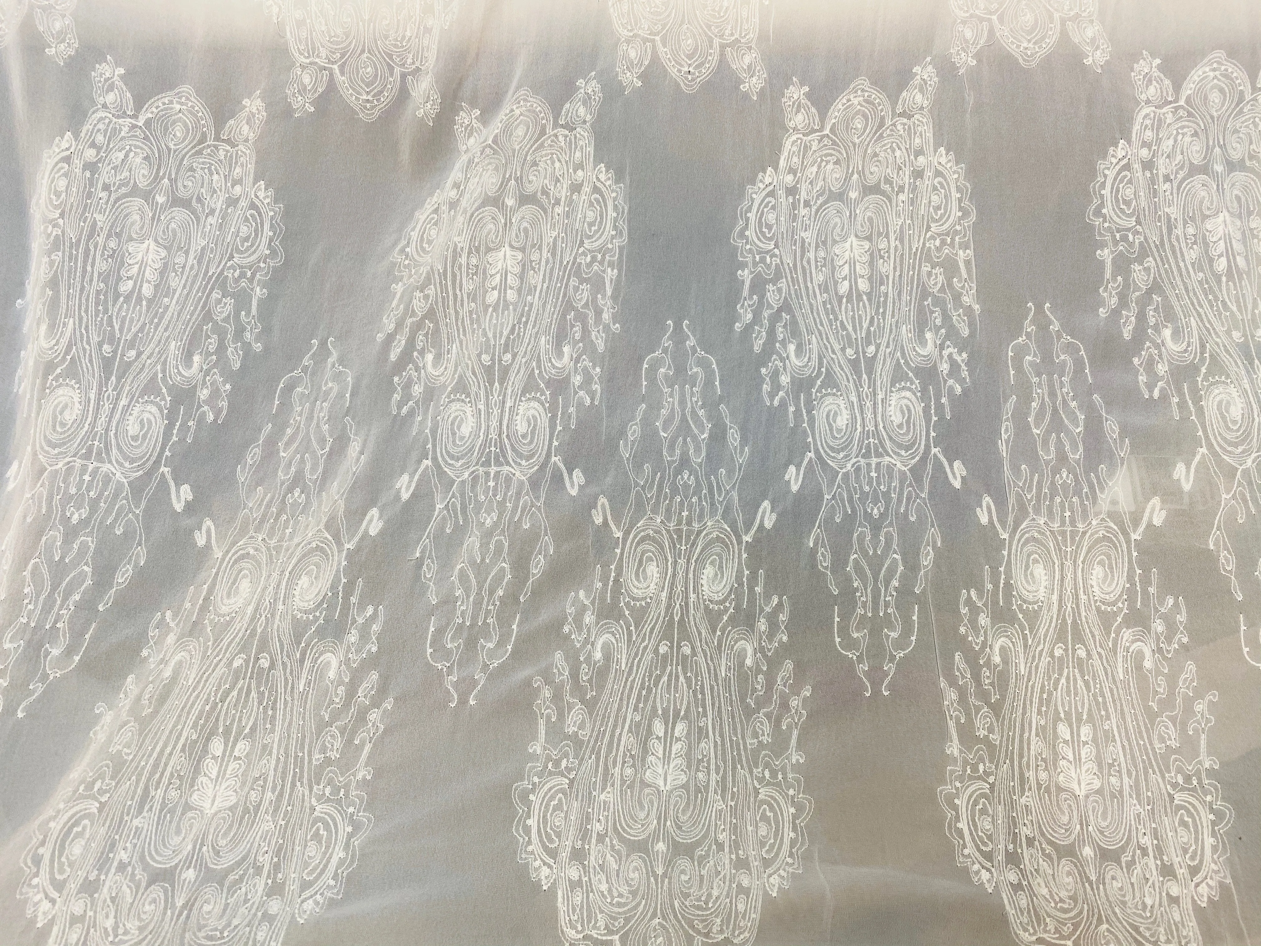 NEW Designer Bridal Embroidered 100% Silk Chiffon with Chandelier Motif in Ivory White