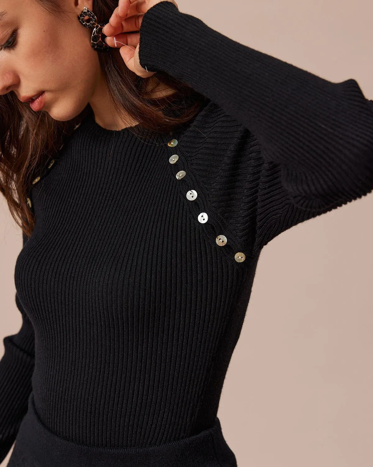 The Black Round Neck Button Ribbed Knit Top